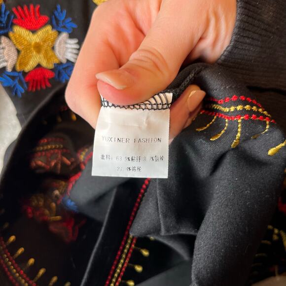 Lai Meng Five Cats Embroidered Floral Folk Art Mini Dress‎ Black Size Small - Picture 2 of 6